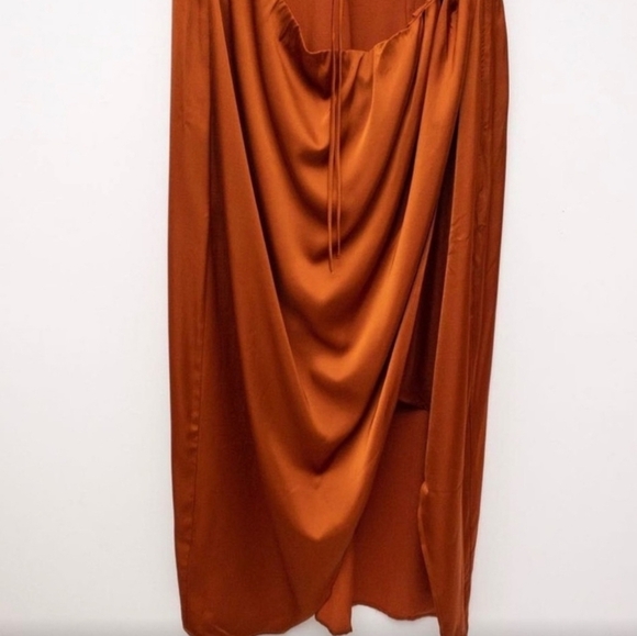Abercrombie&Fitch Satin Cut Out V neck Ruched Rust Orange Wrap Midi Dress L - Picture 4 of 6